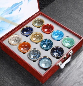 Kiln-Transformation Jianzhan Ceramic Kung Fu Tea Set, Tea Cup Set, Small Tea Bowls, Tasting Cups, Colorful 12-Piece Set for Home Use and Gifting