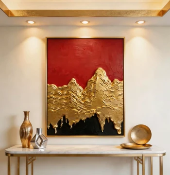Original Hand-Painted 3D Abstract Framed Gold Foil Decorative Oil Painting - Entryway Wall Art and Prosperous Golden Mountain Art for Living Room