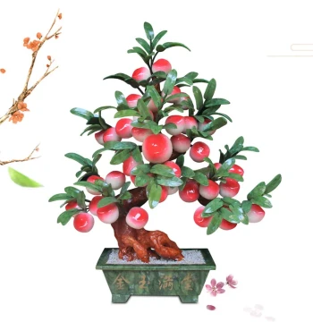 Jade Carved Peach Tree Ornament - Living Room Jade Flower Stand Decoration, New Chinese Style Longevity Peach and Flat Peach Tree, Large Jade Sculpture for Coffee Table