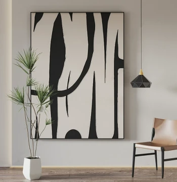 High-End Artistic Abstract Decorative Painting. Hand-Painted Textured Italian-Style Large Wall Mural for Living Room. Pure Hand-Painted Black and White Art