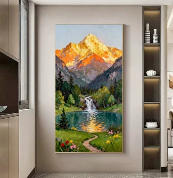 Pure Hand-Painted Oil Painting Sunlight on Golden Mountain Wealth Bowl Chinese Style Landscape Study Entryway Decorative Painting Living Room Scenic Art