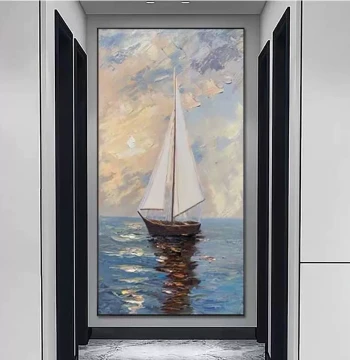 Pure Hand-Painted Oil Painting 'Smooth Sailing', Vertical Entryway Decor, Nordic Living Room Art, Ocean Sailboat Corridor Wall Hanging