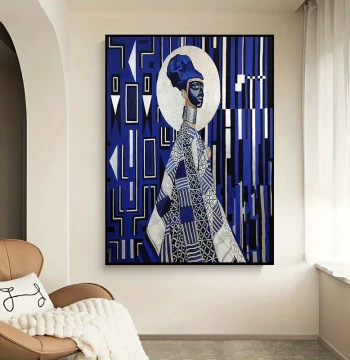 Abstract Figure Blue Tone Pure Hand-Painted Oil Painting, Living Room Decorative Art, European Niche High-End Bedroom Wall Art