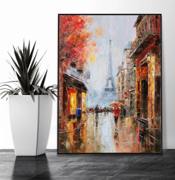 Dafen Village Hand-Painted Oil Painting, Abstract Street Scene with Eiffel Tower, Living Room Decorative Painting, Entryway and Hallway Textured Wall Art