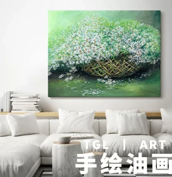 Italian Minimalist Small Daisy Living Room Decor, Abstract Floral Hand-Painted Oil Painting 'Blooming Flowers Bring Wealth', Horizontal Dining Room Hanging Art