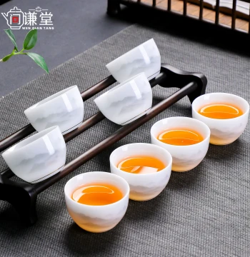 High-End Ice-Kind Jade White Porcelain Kung Fu Tea Cups, 6-Piece Set, Household Tea Set, Small Drinking Cups, Tasting Tea Bowls with Cup Stand