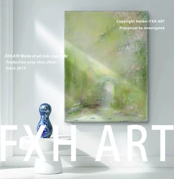FXH. Flowing Water Brings Wealth Series 'Green Trees Provide Shade', 3D Textured Entrance and Living Room Hand-Painted Oil Painting, Niche Art