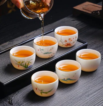 Chinese Style Kung Fu Tea Cups 6-Piece Set Thick-Walled Non-Scalding Mutton Fat White Porcelain Tasting Cups Ceramic Teaware with Cup Holder Included