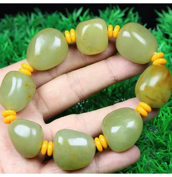 Xinjiang Hetian Jade Seed Raw Stone Bracelet, Original Seed Jade, Sha-Zao Green Jade Beads, Loose Beads, Amber Multi-Gem Bracelet for Men