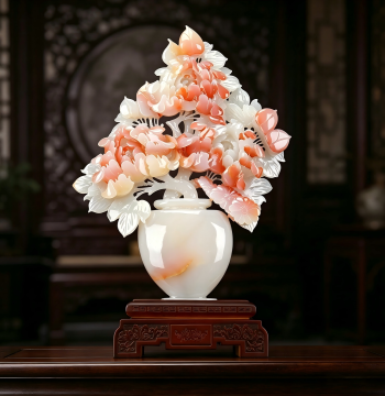 Afghan Jade Carved Peony Ornament, New Chinese Style Decorative Art Piece for Living Room Wine Cabinet or Entryway Display