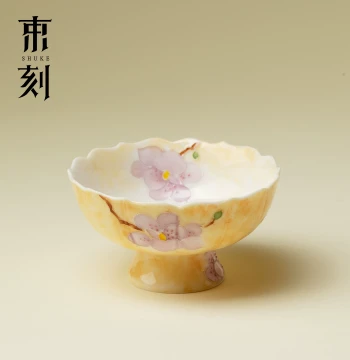 Shuke Apricot Yellow Cherry Branch with Resting Butterfly High-Footed Flower-Rimmed Master Cup - Hand-Painted Ceramic Teacup for Women - Personal Single Cup