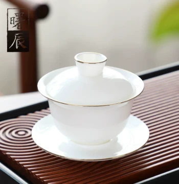 Mutton Jade Lidded Bowl Tea Cup, Single Dehua White Porcelain Large Home Brewing Kung Fu San-Cai Bowl, Ceramic Tea Bowl, Teaware