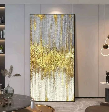 Pure Hand-Painted Oil Painting for Entryway, Artistic Hallway Corridor Decor, Vertical Modern Textured Gold Leaf Fantasy Wall Hanging