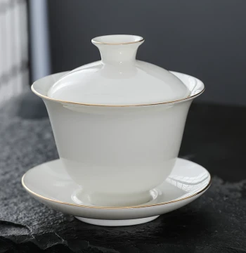 Mutton Fat Jade Gold-Trimmed Gaiwan Tea Cup, Dehua White Porcelain Tea Bowl, Large Capacity Lidded Single Kung Fu Tea Set, Sancai Gaiwan