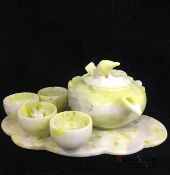 Natural Hand-Carved Lantian Jade Tea Set, Jade Tea Cup Wine Ware Ornament, Jade Pot Tea Set Suite, Craft Display