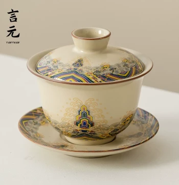 Ru Kiln Suspended Sancai Gaiwan Teacup, Single High-End Ceramic Tea Bowl for Kung Fu Tea Brewing with Lid, Small Tea Set