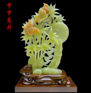 Natural Jade Carved 'Bamboo Reports Peace' Ornament - Chinese Style Decoration for Office, Home Living Room, Entryway, and TV Cabinet