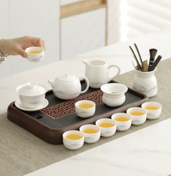 Mutton Fat Jade Porcelain Kung Fu Tea Set, Home Ceramic Teapot with Gaiwan and Tea Tray, Light Luxury High-End Chinese Tea Cups
