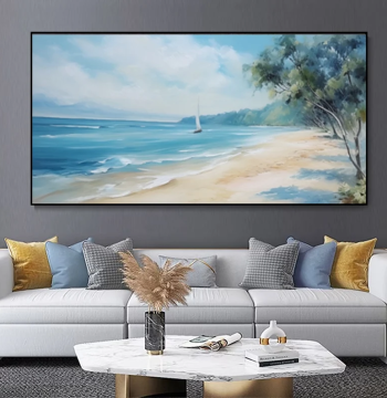 Dafen Village Pure Hand-Painted Oil Painting, Modern Minimalist Ocean Beach Landscape, Living Room Decor, Horizontal Office Wall Art