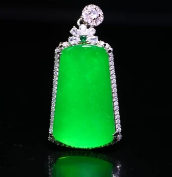 Natural Burmese Grade A Ice-Translucent Vibrant Green Plain Tablet Jadeite Pendant Necklace Jade Jewelry Sterling Silver Inlay