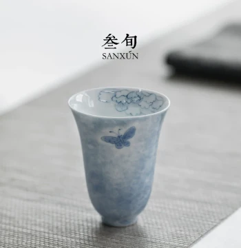 Sanxun Hand-Painted 'Butterfly Loves Flower' Aroma Cup, Kung Fu Teacup, Ceramic Tea Set, Master Cup for Women, Single Tasting Cup