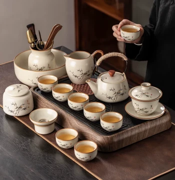 Ru Kiln Tea Set 2026 New Model Household Ceramic Teapot Drinking Kung Fu Tea Cups Tea Tray Light Luxury High-End Guest Reception