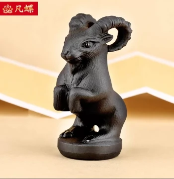Natural Obsidian Goat Figurine - Raw Stone Carved Zodiac Lucky Charm, Jade Craft for Home and Office Desk Decoration