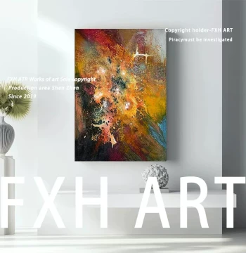 FXH. Hand-Painted Oil Painting 'Colorful Ink Starry Waves' - Speckled Brushstroke Abstract Art for Living Room and Entryway Background Wall Decor