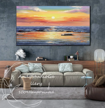 Dafen Village Pure Hand-Painted Modern Abstract Sunrise Seascape Oil Painting for Living Room, Office, and Study Decor