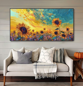 Dafen Village Hand-Painted Abstract Sunflower Oil Painting for Living Room Decor, Textured 3D Horizontal Wall Art for Bedroom