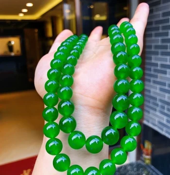 Imperial Green Natural Grade A Jadeite Ice Type Full Green Yang Green Round Bead Long Translucent Necklace Women's Jade Bead Chain