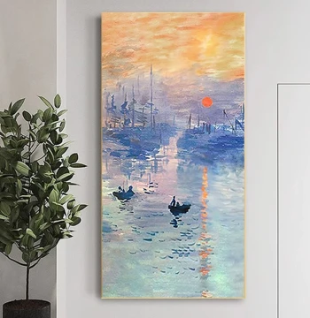 Monet Impression Sunrise Hand-Painted Oil Painting, Dafen Village Landscape Impressionist Art, Entryway Decorative Painting Premium Art Wall Hanging
