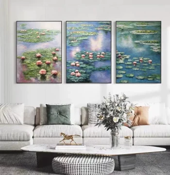 Pure Hand-Painted Oil Painting of World Famous Art, Monet's Water Lilies Impressionism Triptych, Living Room, Entryway, Foyer, and Dining Room Decorative Wall Art