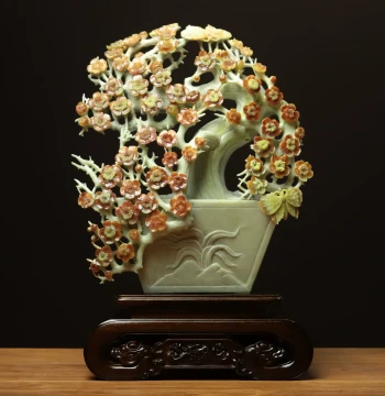 Shangpin Meige Natural Xiuyan Jade 'Flower Jade' Ornament - Authentic Solid Raw Material, Original Color Plum Blossom Carving, Unique Piece FA264