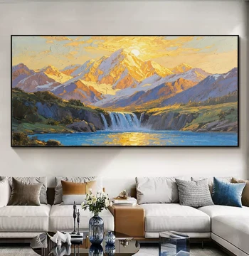 Pure Hand-Painted Oil Painting Sunlight on Golden Mountain Wealth Bowl Flowing Water Generates Wealth Impression Wall Hanging Living Room Dining Room Bedroom Manual Wall Art