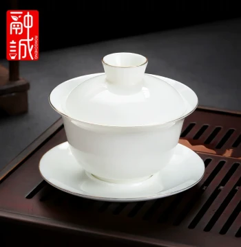 Mutton Jade Gaiwan Teacup - Premium Large Ceramic Kung Fu Tea Bowl Set - Dehua White Porcelain Tea Ware