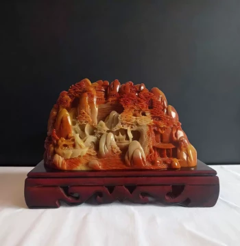 Imitation Shoushan Stone Ornament, Raw Stone Carved 'Joy in Life' Jade Landscape Piece for Living Room, Home, Office, and Desktop Decoration