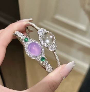 Natural High-Ice Lavender Chalcedony Bangle for Women, Full Diamond Agate Jadeite Bracelet, Gift for Girlfriend