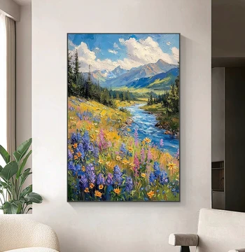 Pure Hand-Painted Oil Painting 'Spring Scenery with Bright Sunlight and Blooming Fields' – Textured 3D Impressionist Landscape Art for Living Room and Hallway