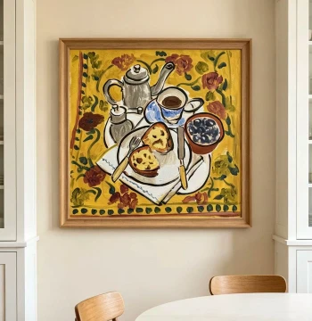 French Vintage Breakfast Still Life Hand-Painted Style Decorative Painting, Restaurant Wall Art, Warm and Fresh Artistic Mural