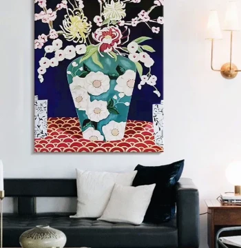 Dafen Village Pure Hand-Painted Oil Painting - Medieval Botanical Floral Art Vase for Living Room Sofa Wall or Entryway Decor