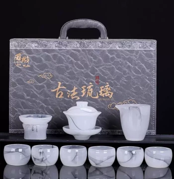 White Jade Kung Fu Tea Set, New Luxury High-End Household Premium Teacups in Gift Box, Glazed Tea Ware