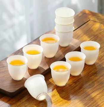 White Porcelain Teacups 10-Piece Mutton Fat Jade Kung Fu Teacups 6-Piece Ceramic Small Teacups Household Guest Serving Tea Dedicated Cups