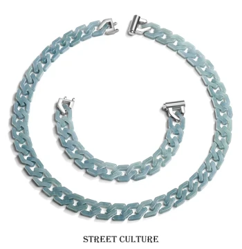 Authentic Natural Grade A Burmese Jadeite Blue-Water Long Rhombus Cuban Chain Bracelet/Necklace, Jade Titanium Steel Hip-Hop Style