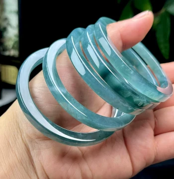 50-60 Size Jadeite Square Bangle Authentic Natural Type A Ice Base Blue-Green Jade Bracelet Women's Straight Edge Jade Bangle with Certificate