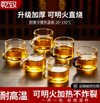 Thickened Heat-Resistant Glass Small Teacup, Home Kung Fu Tea Set, Tasting Cup, Transparent Handle Cup, Tea Bowl