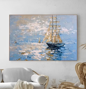 Dafen Village Hand-Painted Oil Painting Abstract Sailboat Seascape Smooth Sailing Living Room Decorative Painting, Office Textured Wall Hanging