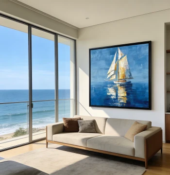 'Smooth Sailing' Wall Art: Modern Minimalist Sailboat Seascape Hand-Painted Oil Painting for Living Room and Dining Room Decor