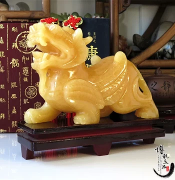 Natural Carved Yellow Jade Pixiu Figurine Pair - Large Size Animal Statue for Living Room Home Wealth Attraction Minimalist Decor