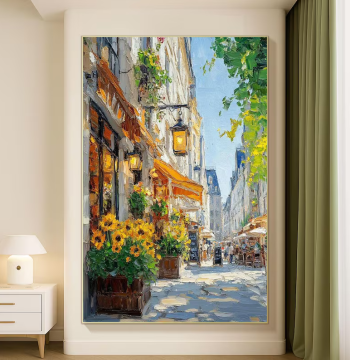 Dafen Village Pure Hand-Painted Abstract Sunflower and City Street Scene Oil Painting for Living Room, Entryway, and Dining Room Decor